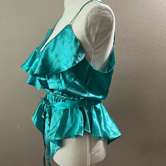 Vintage Victoria's Secret teal satin ruffle cinched waist bodysuit size medium - Picture 16 of 16
